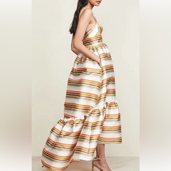 Jill Stuart x Anthropologie Sela Hi Lo 2 / XS Green Purple Striped Taffeta Maxi - Picture 6 of 15